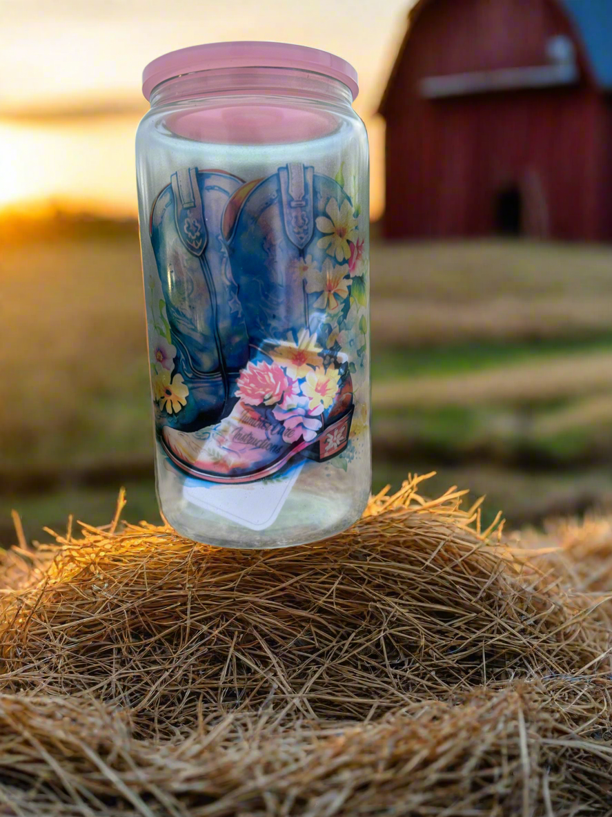 Pretty in Pink Cowgirl Boots 16oz Glass Can