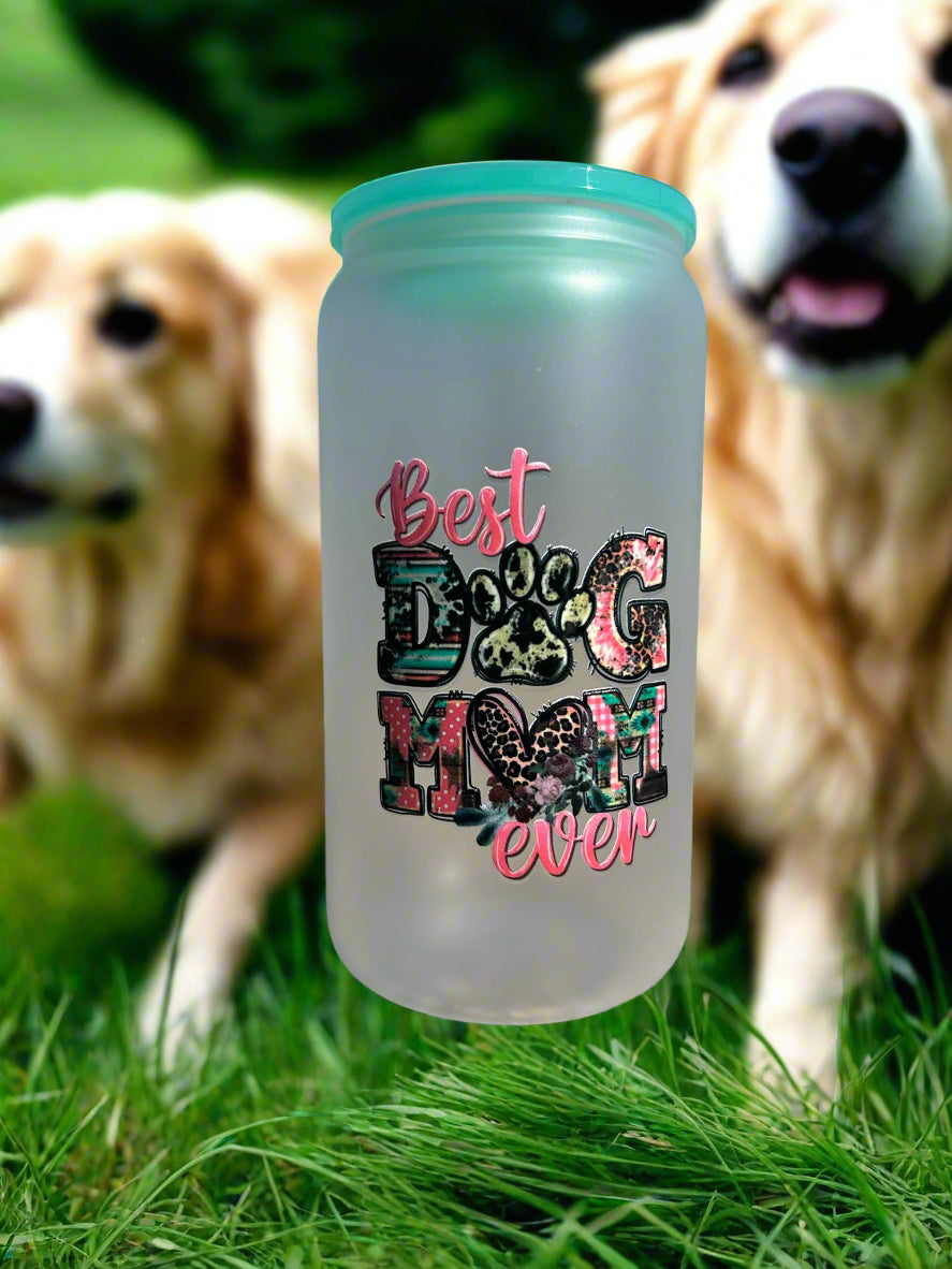 16oz Best Dog Mom Frosted Glass Can