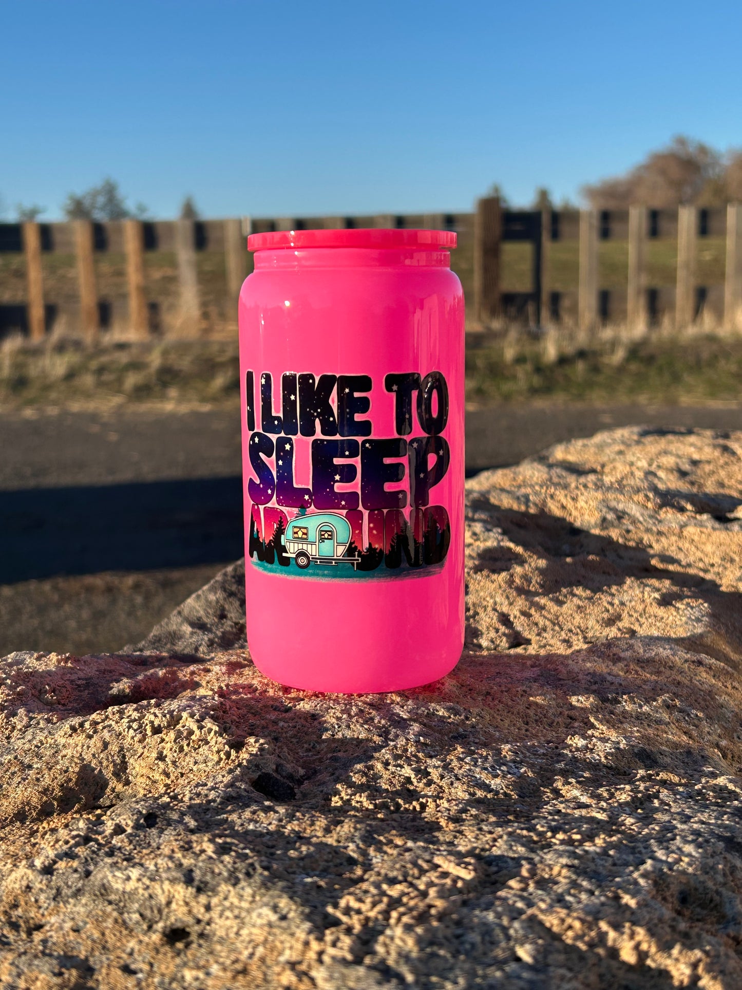 Neon Pink Sleep Around Glass Can