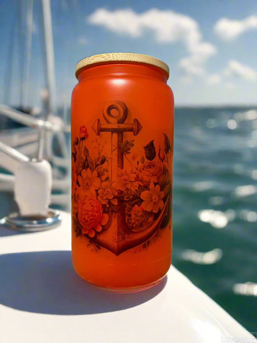 16oz Nautical Floral Anchor Glass tumbler