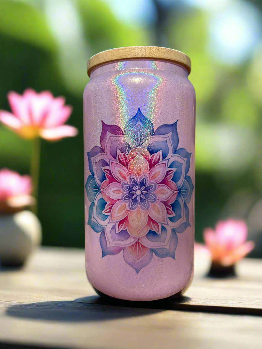 16oz Mandala Flower Glass Can
