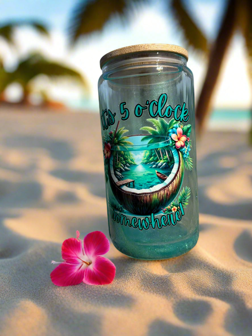 16oz 5’o’clock Somewhere Snow Globe Glass Can