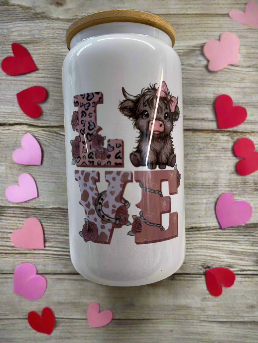Highland Love Cow Valentine's Day Glass Can