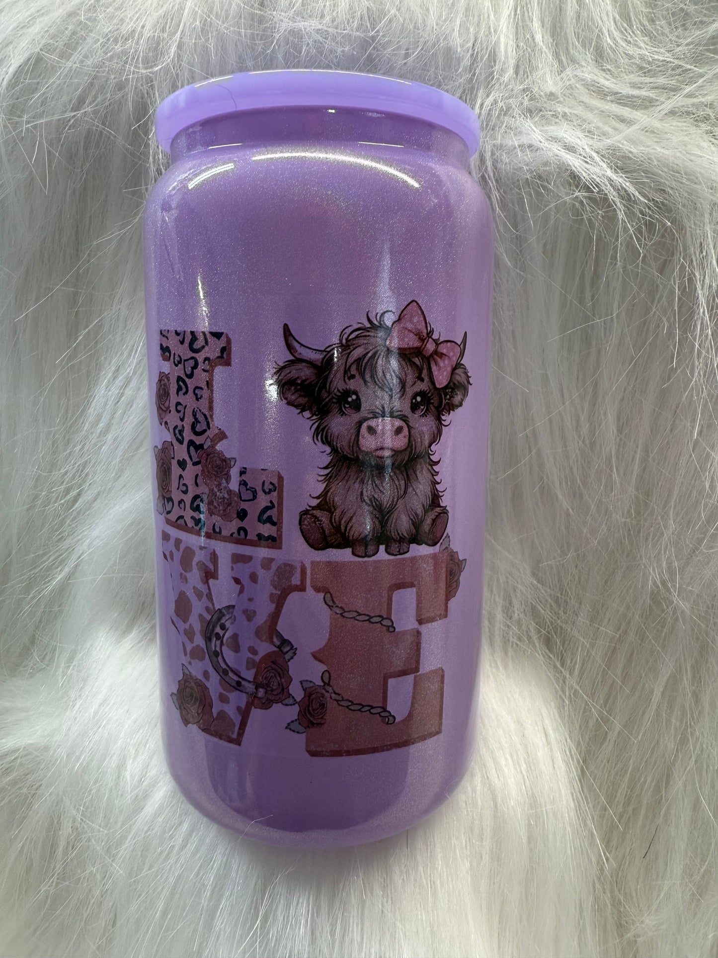 Purple Highland Love Cow Valentine's Day Glass Can