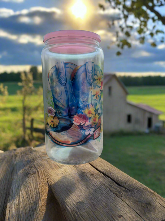 Pretty in Pink Cowgirl Boots 16oz Glass Can