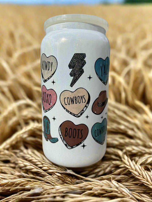 16oz Cowboy Heart Glass Can