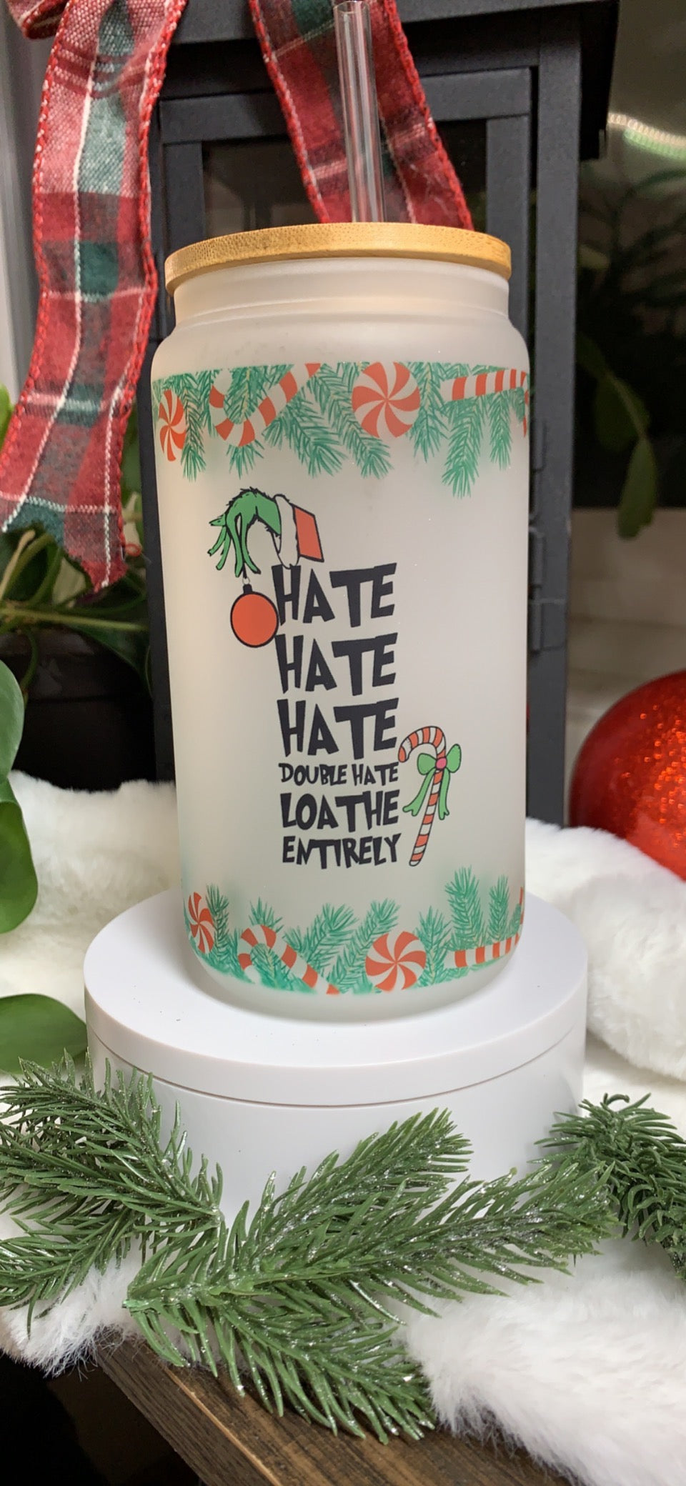 Hate Hate Hate- Grinch Christmas Glass 16oz Beer Can