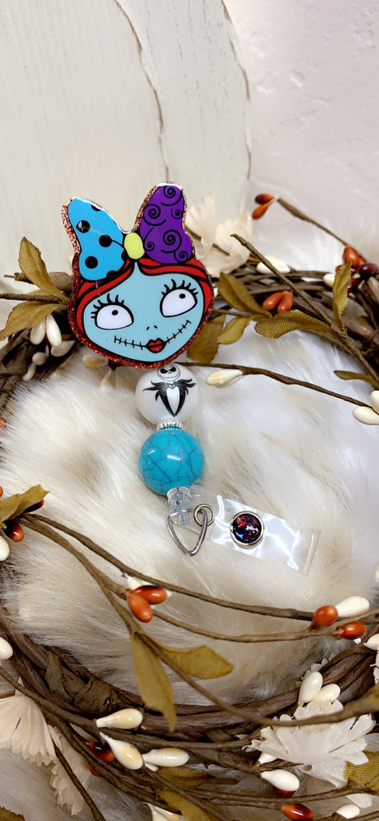 Nightmare Sally- Halloween Badge Reel w/ Blue Bead