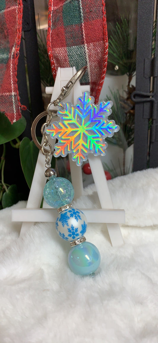 Christmas Snowflake Beaded Keychain w/Lobster Claw Clip